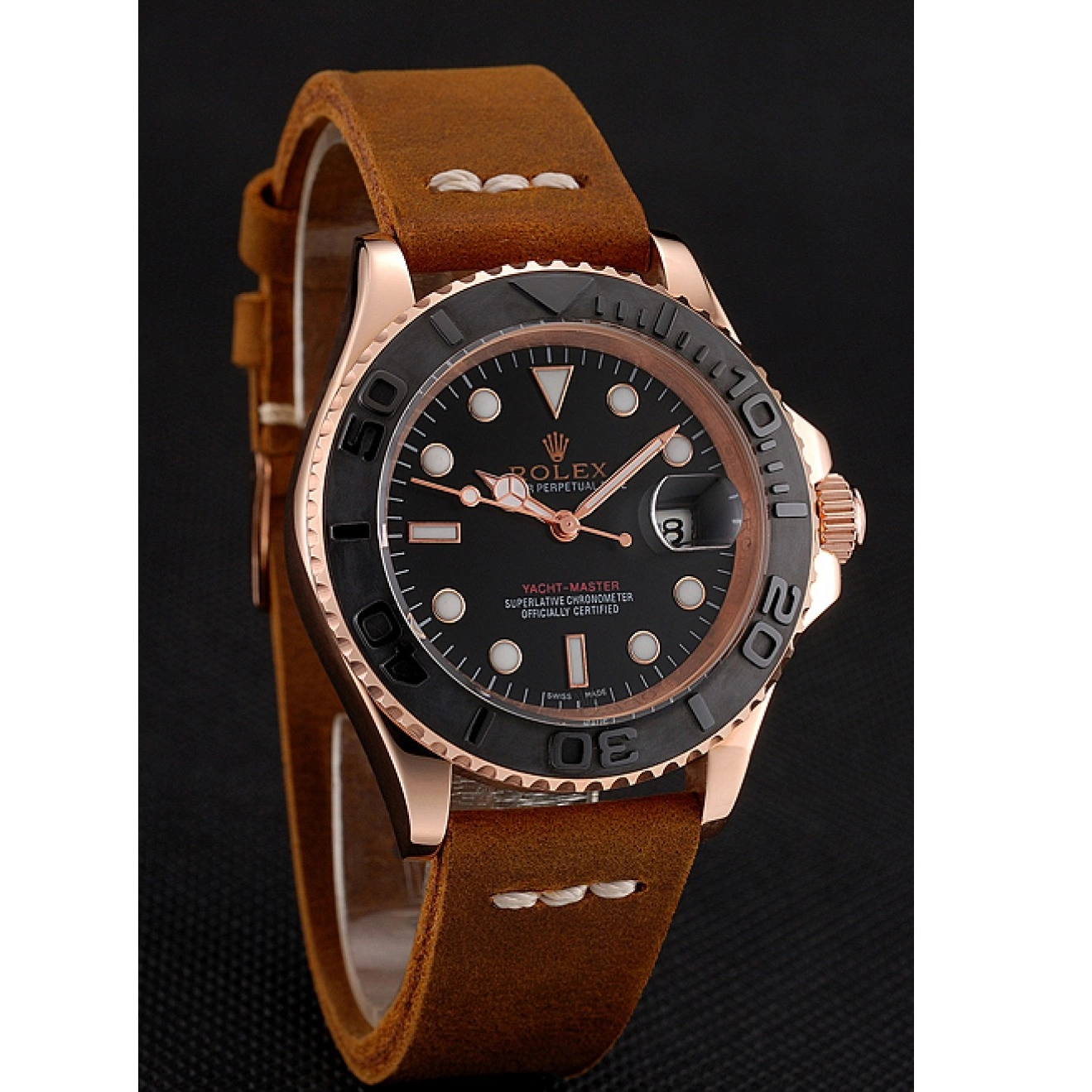 Aaa replica watch 1453861 Rolex Dial Master Black Rose Leather Case Yacht Brown Gold Bracelet 0628